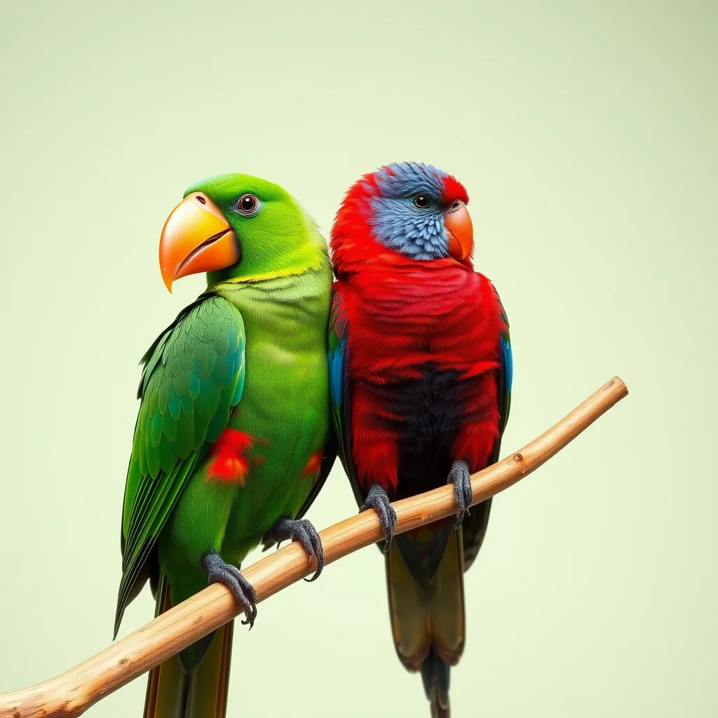 Illustration d'un couple : Eclectus aruensis (eclectus des îles Aru), mâle vert et femelle rouge