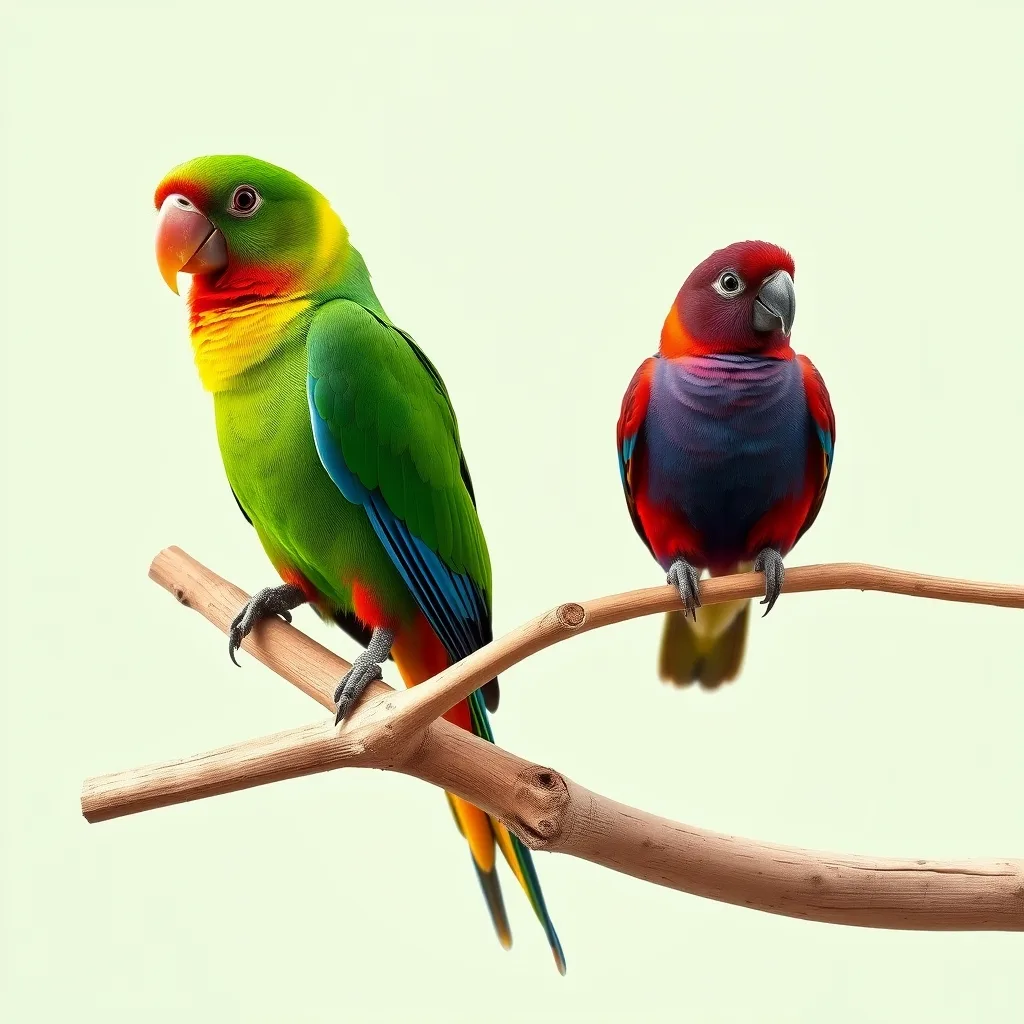 Illustration d'un couple : Eclectus biaki (eclectus de Biak), mâle vert et femelle rouge