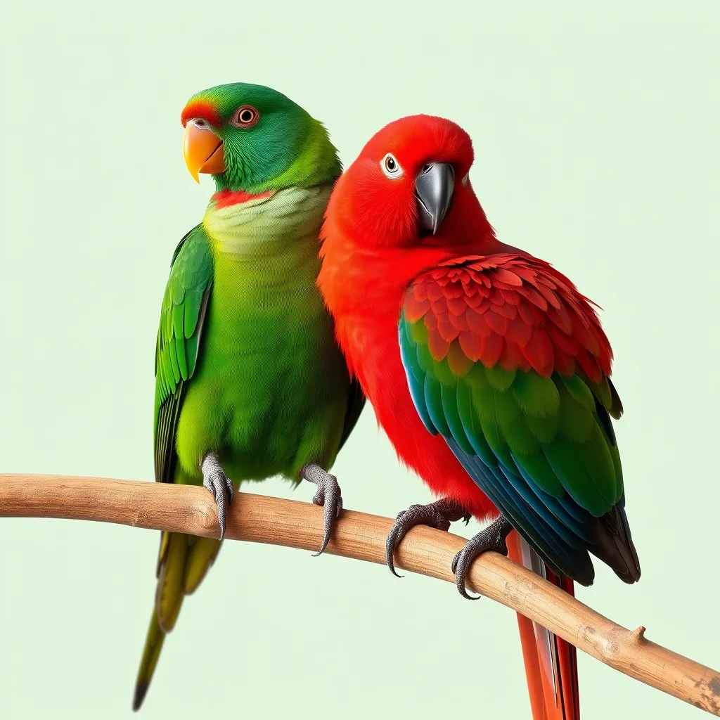 Illustration d'un couple : Eclectus cornelia (eclectus de Sumba), mâle vert et femelle rouge