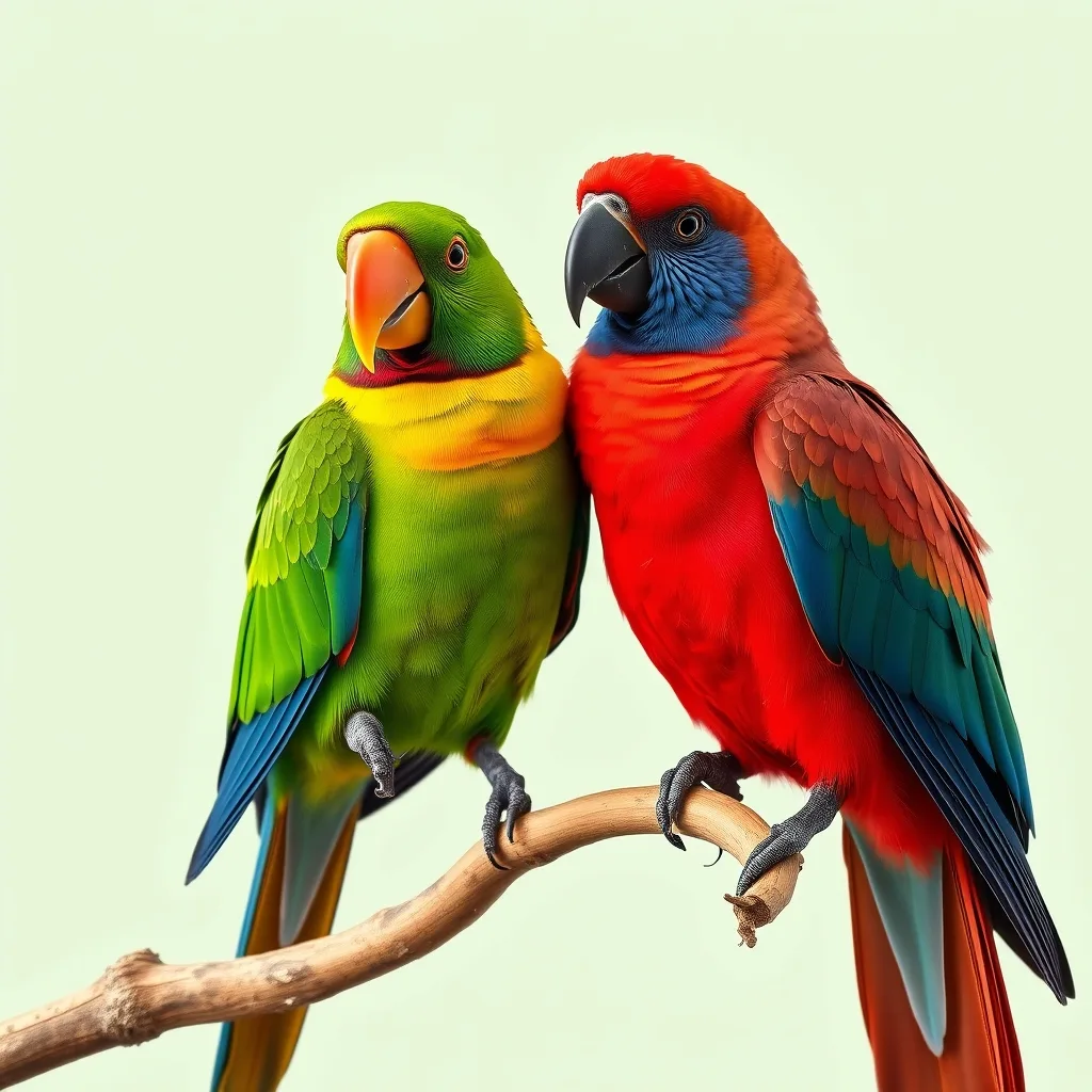 Illustration d'un couple : Eclectus macgillivrayi (eclectus d'Australie), mâle vert et femelle rouge