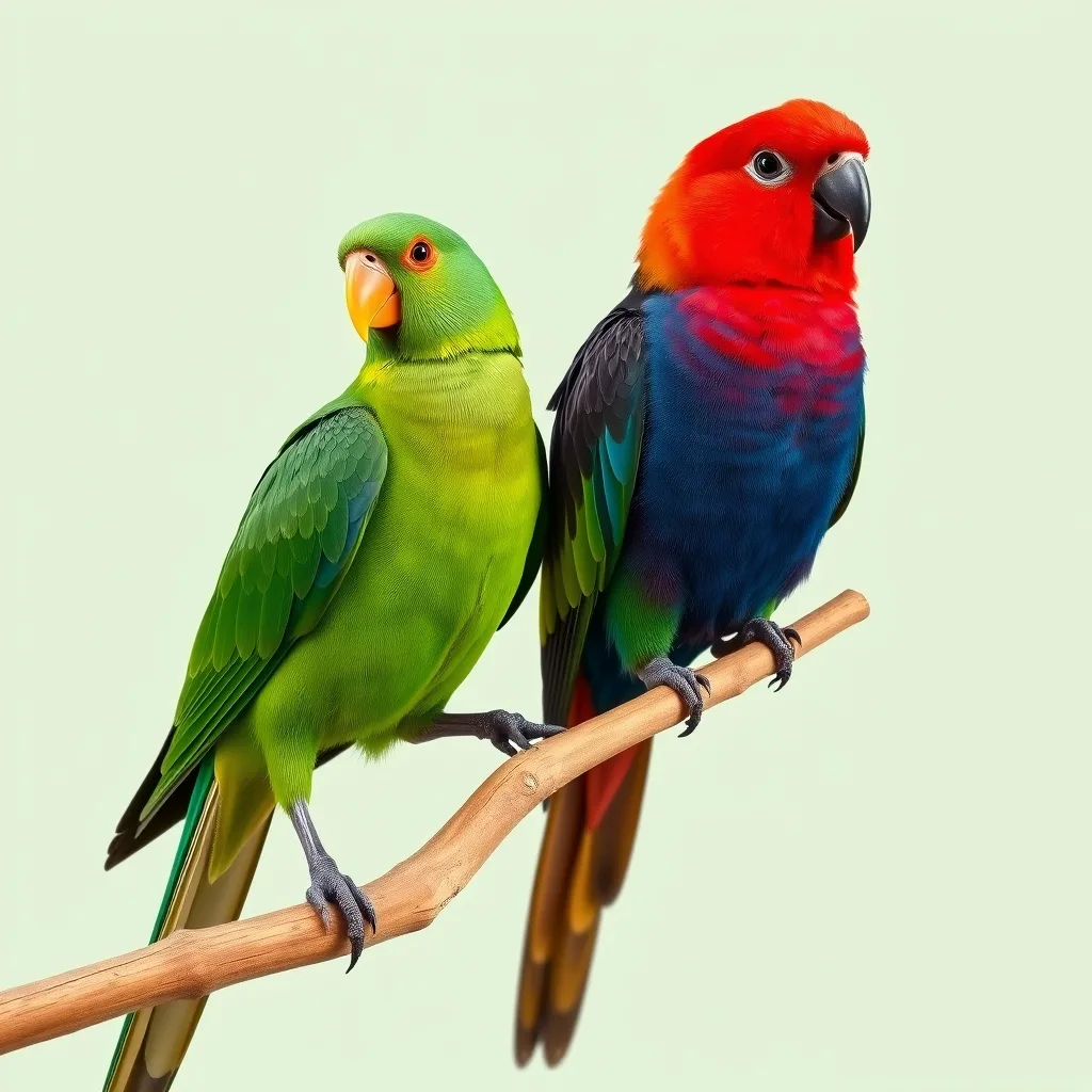 Illustration d'un couple : Grand eclectus (Eclectus polychloros), mâle vert et femelle rouge