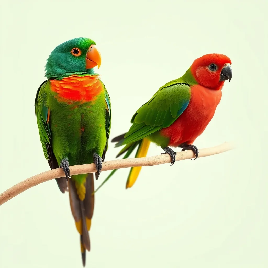Illustration d'un couple : Eclectus riedeli (eclectus de Tanimbar), mâle vert et femelle rouge