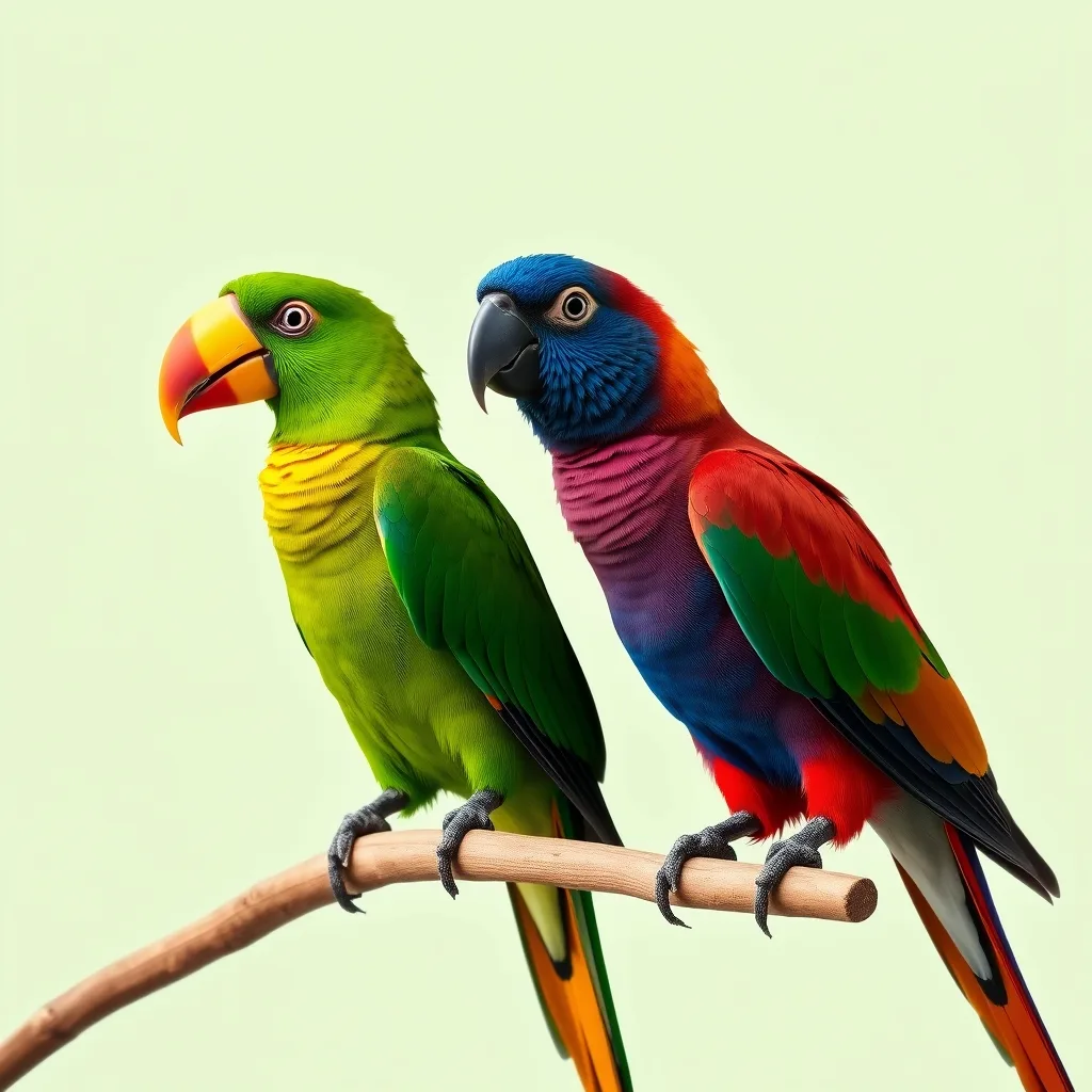 Illustration d'un couple : Eclectus roratus (forme nominale), mâle vert et femelle rouge