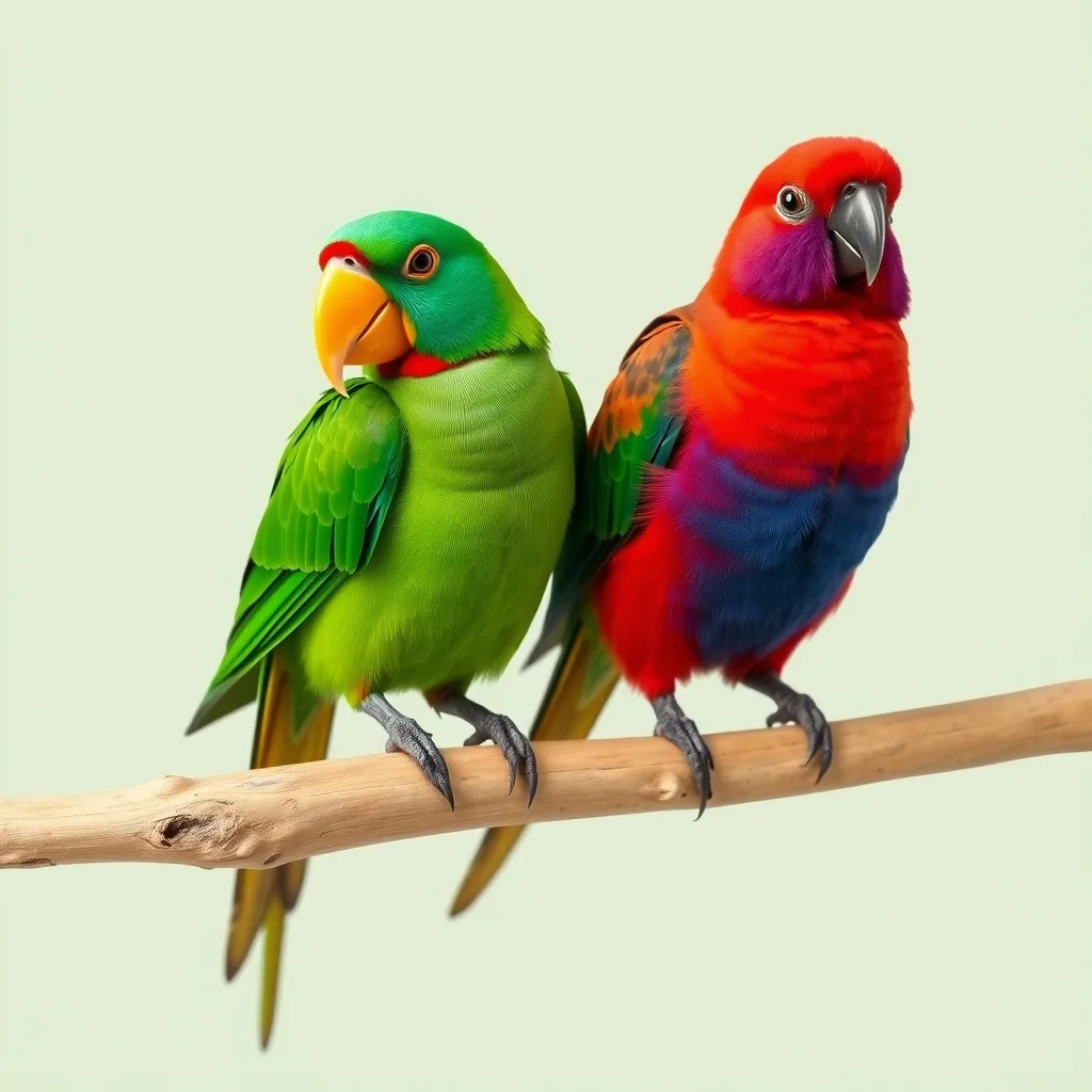Illustration d'un couple : Eclectus des Salomon (Eclectus solomonensis), mâle vert et femelle rouge