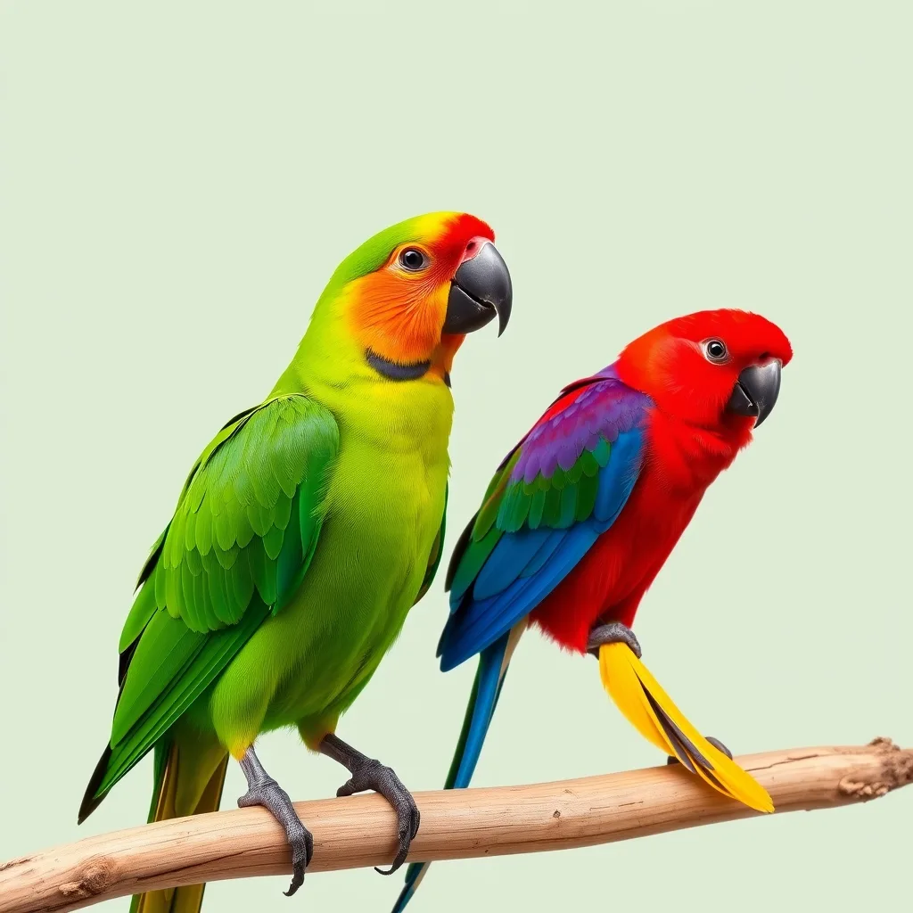 Illustration d'un couple : Eclectus vosmaeri (Eclectus roratus vosmaeri), mâle vert et femelle rouge
