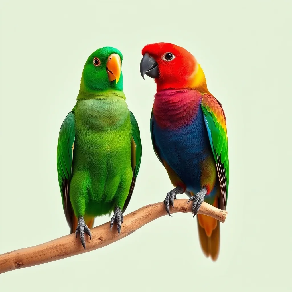Illustration d'un couple : Eclectus westermani, mâle vert et femelle rouge