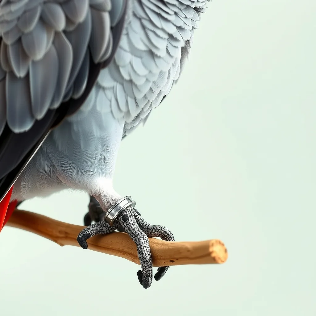 Patte d'un gris du Gabon portant une bague fermée en métal, perchée sur une branche