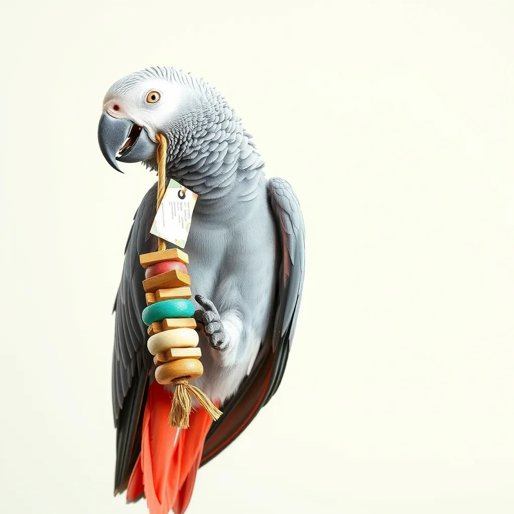 Gris du Gabon au plumage intact en train de déchiqueter un jouet en bois et en papier