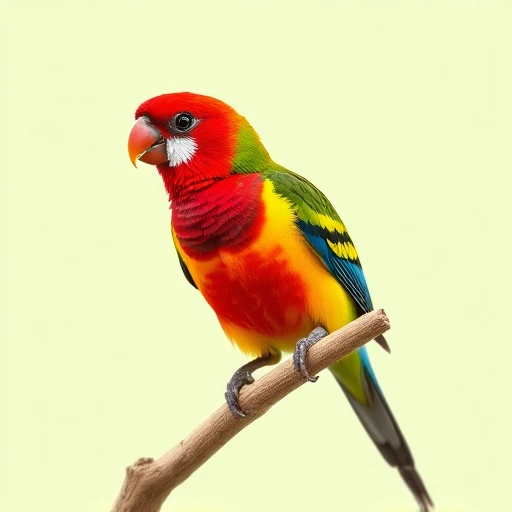 Illustration d'une perruche omnicolore, tête rouge, joues blanches, ventre jaune et vert